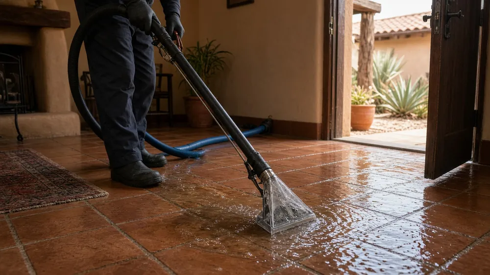 Restoration technician extracting floodwater from a terracotta tile floor with a wand extractor