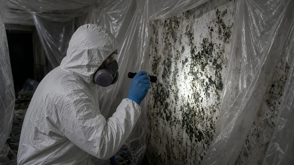 Technician in white protective suit and respirator inspecting mold growth inside plastic containment