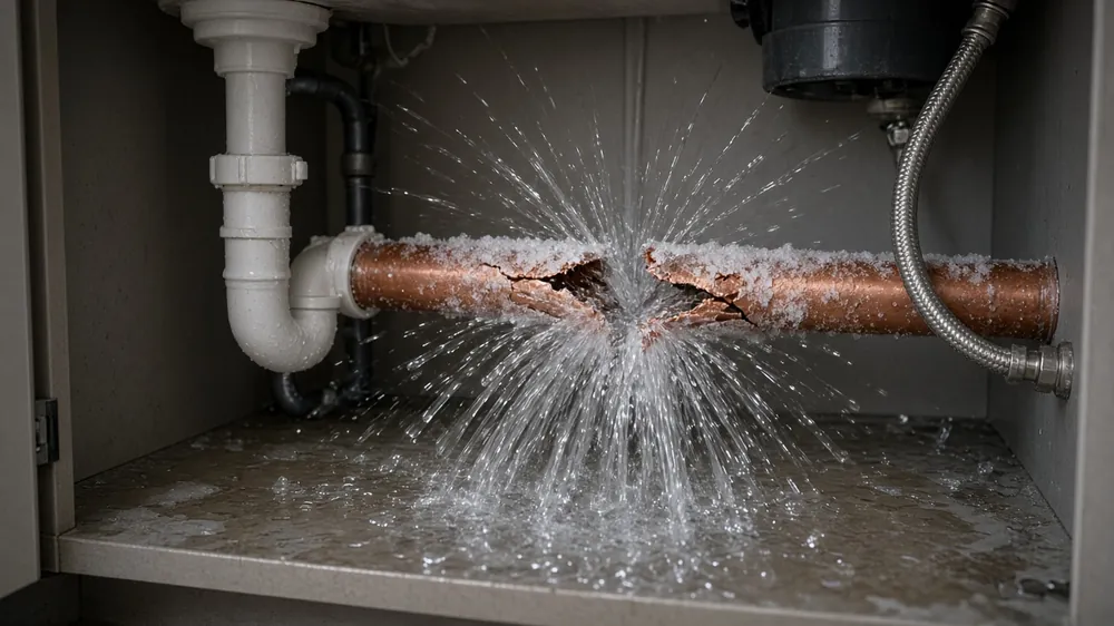 Burst copper pipe spraying water inside a cabinet under a sink