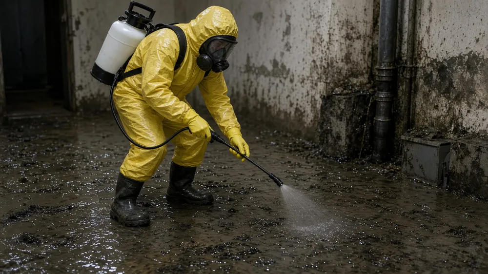 Technician in full yellow protective suit and respirator cleaning a contaminated basement floor